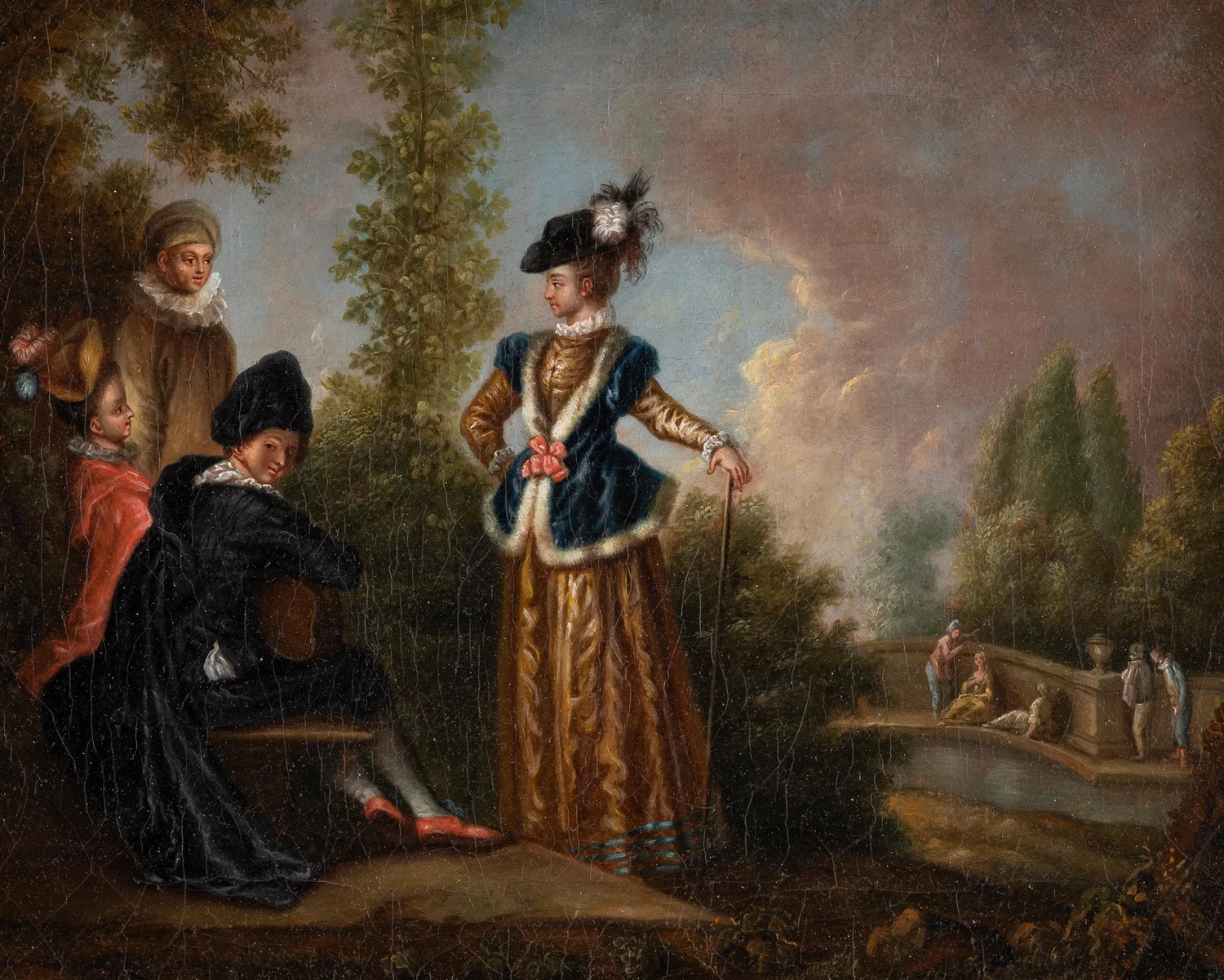 Pierrot e due signore in paesaggio